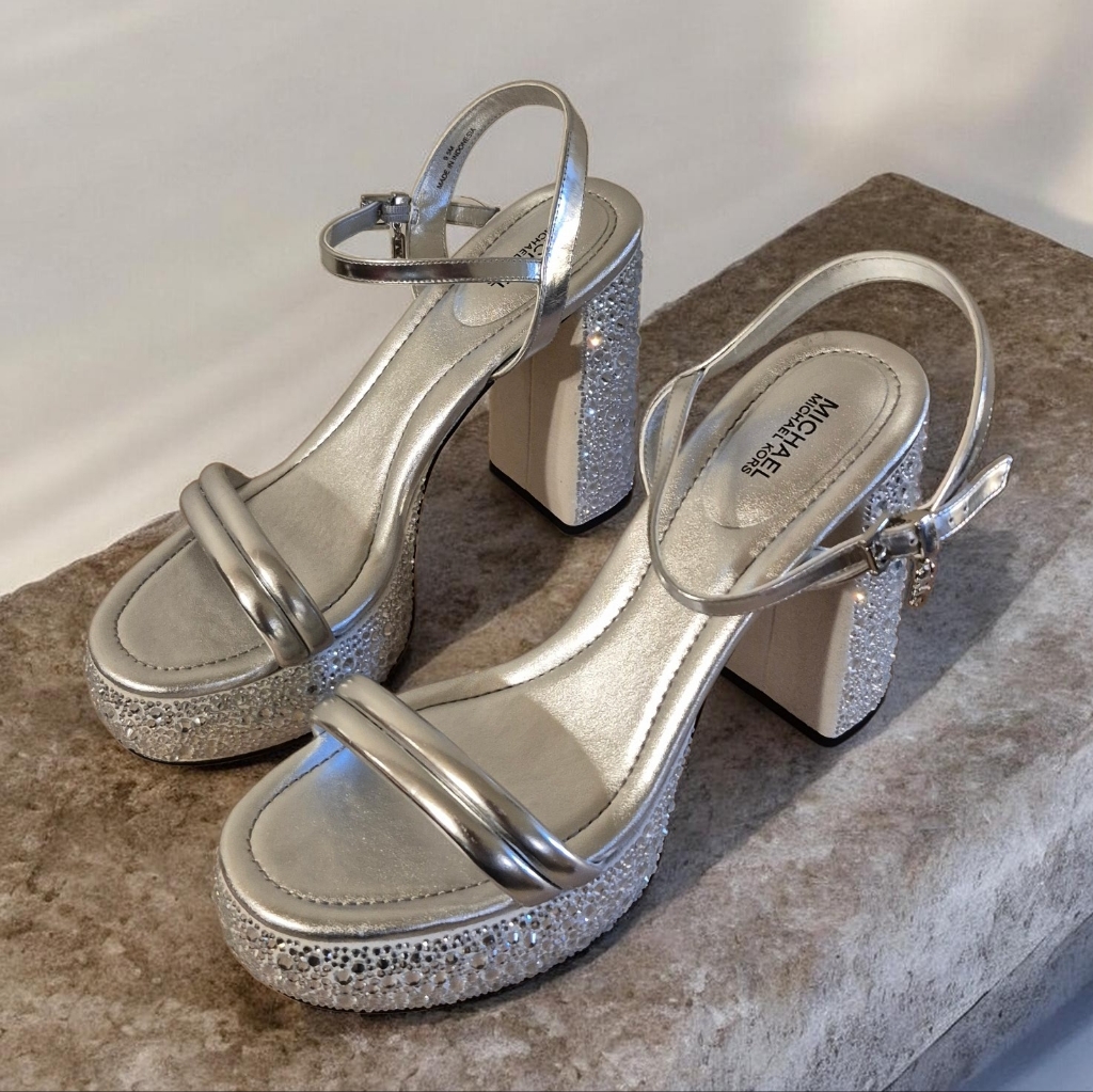 Michael Michael Kors Laci Embellished Metallic Leather Platform Sandal 9.5m Nib